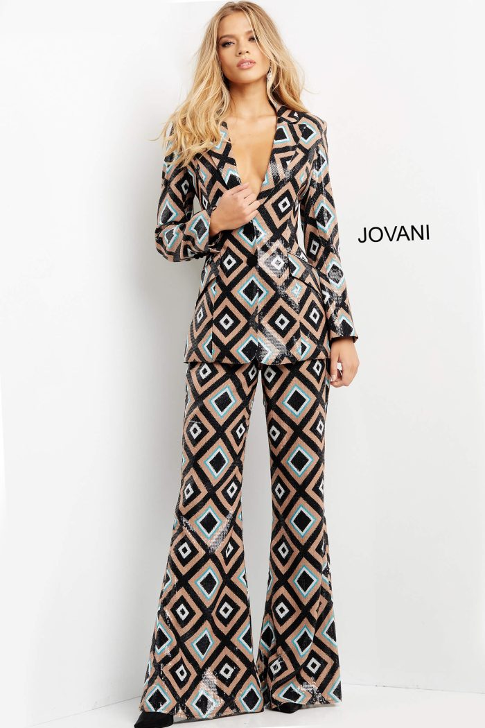 Jovani 07921 Printed Sequin Long Formal Pant Suit