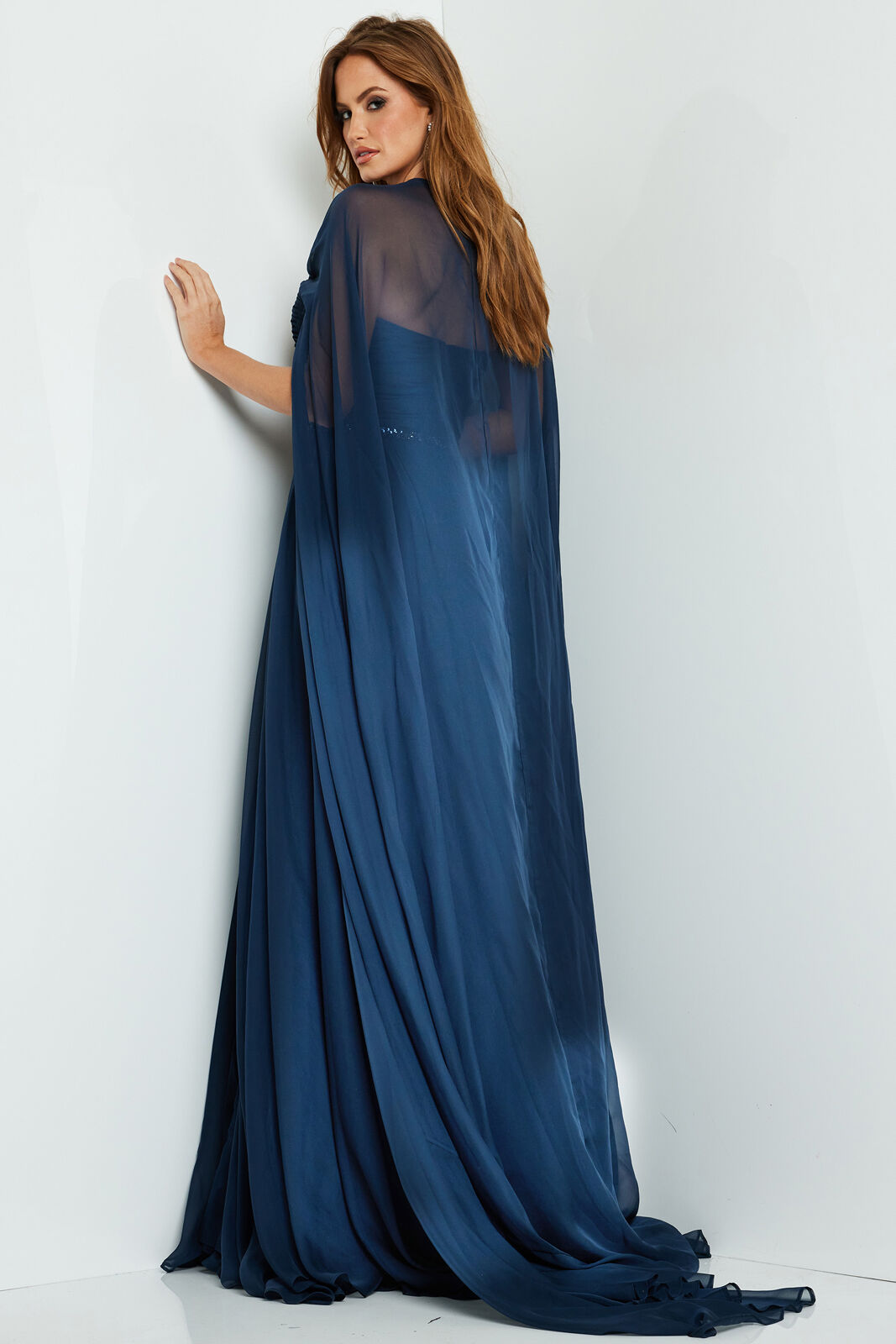 Jovani 07928 A Line Long Evening Formal Cape Sleeve Dress