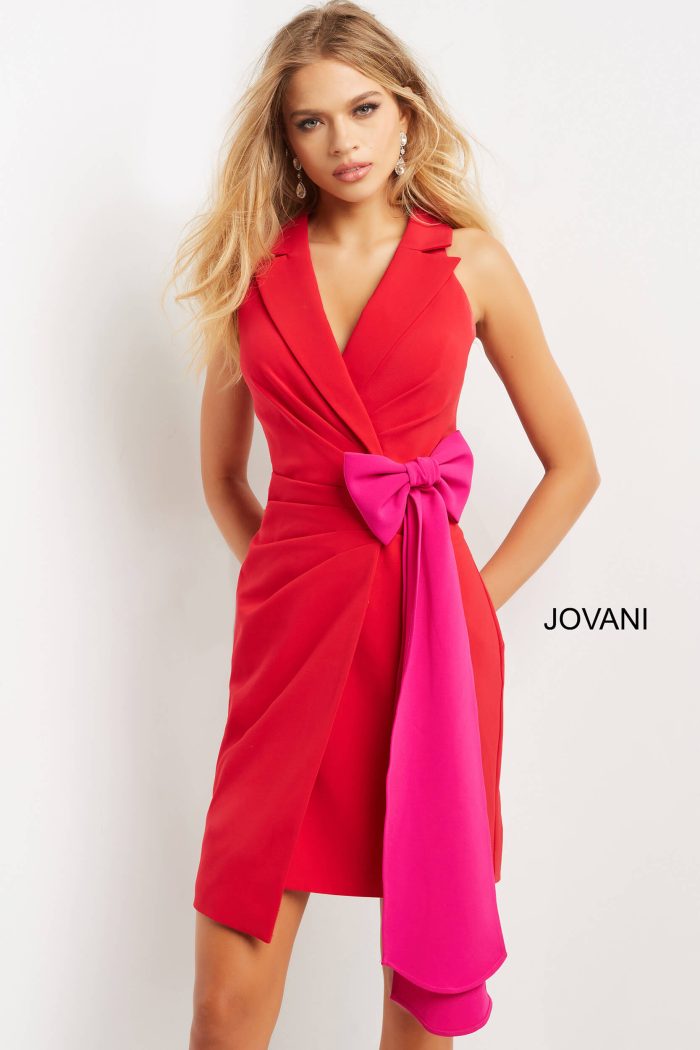 Jovani 07961 Short Pleated V Neck Cocktail Dress