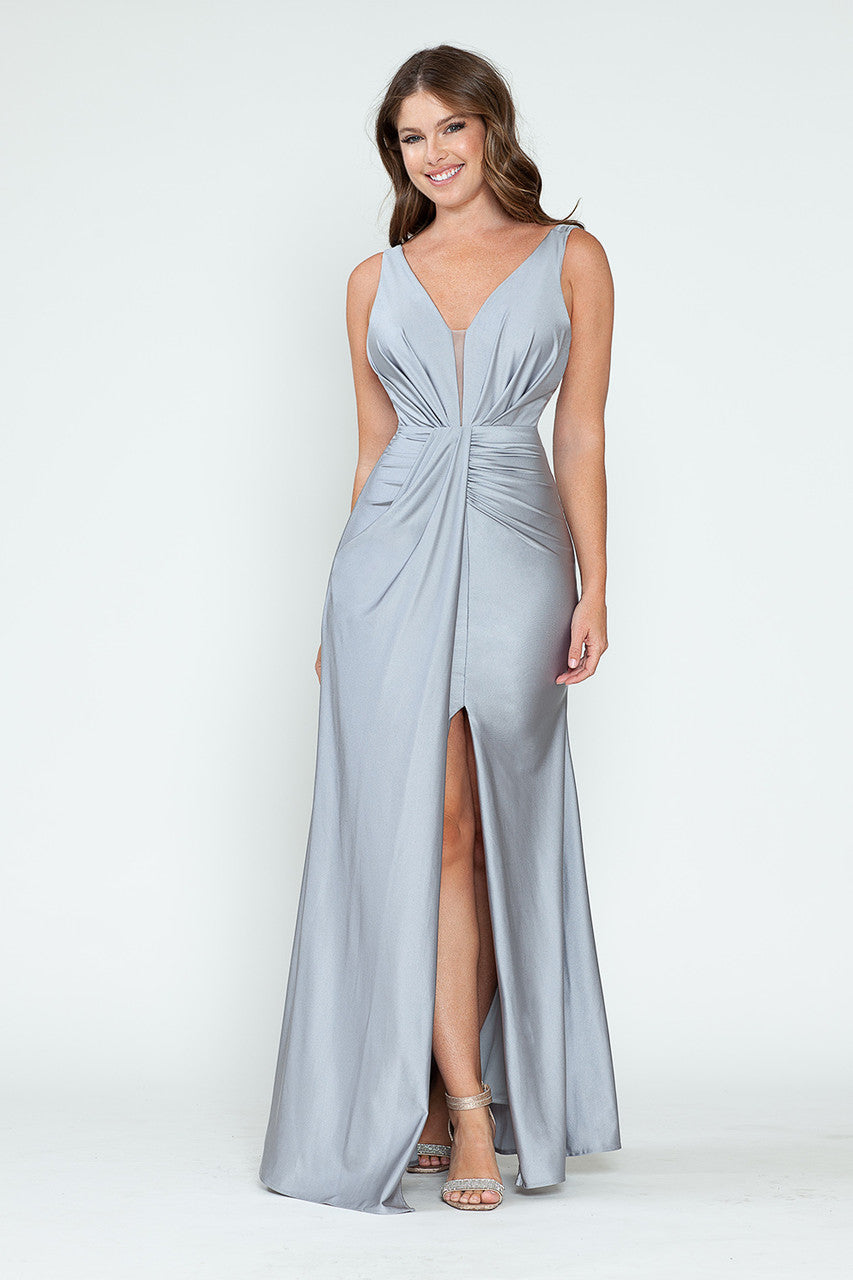 Prom Dresses Long Fitted Pleated Prom Formal Slit Dress Lenovia 5319 Silver