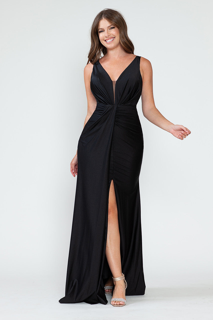 Prom Dresses Long Fitted Pleated Prom Formal Slit Dress Lenovia 5319 Black