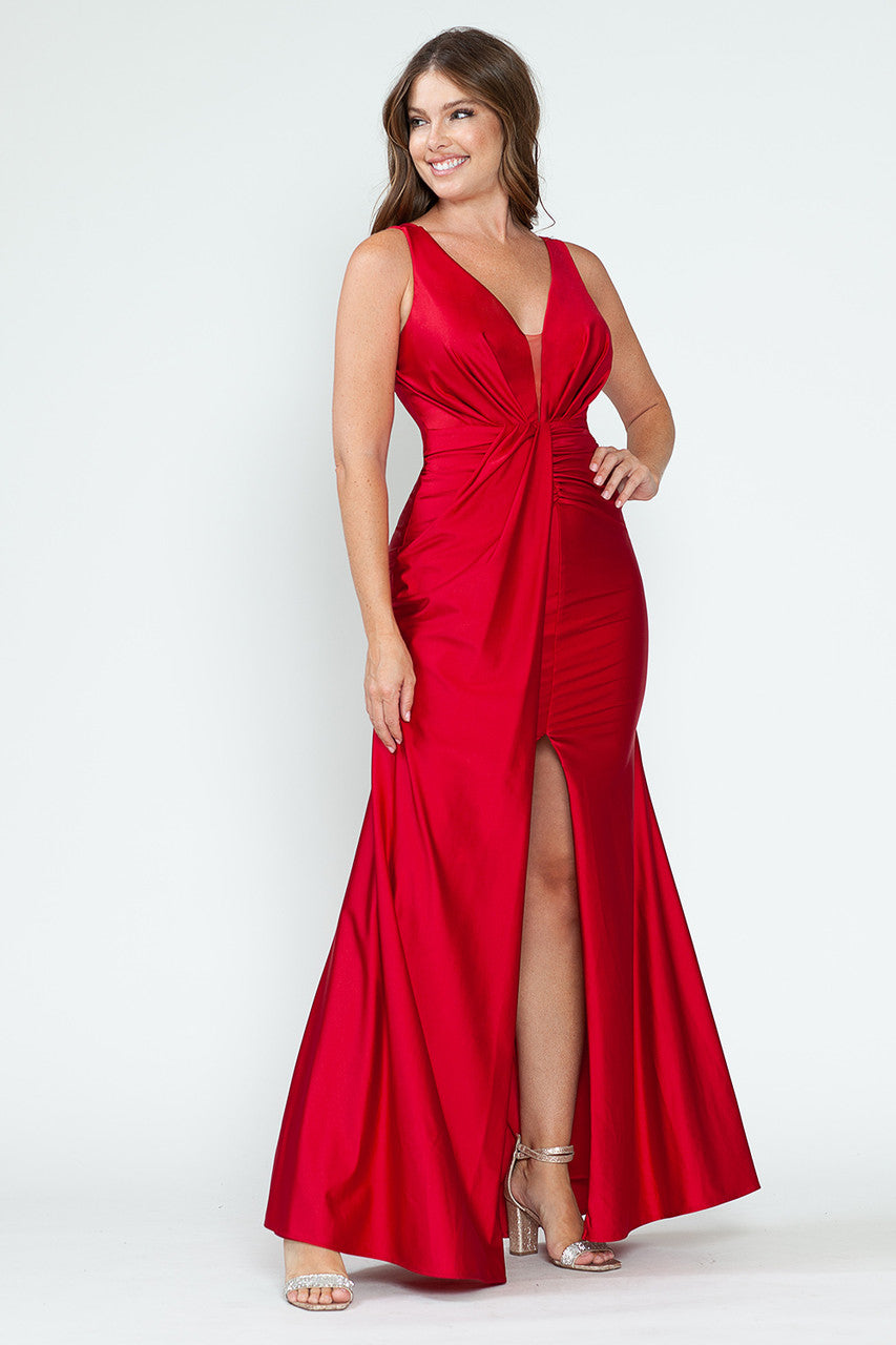 Prom Dresses Long Fitted Pleated Prom Formal Slit Dress Lenovia 5319 Red