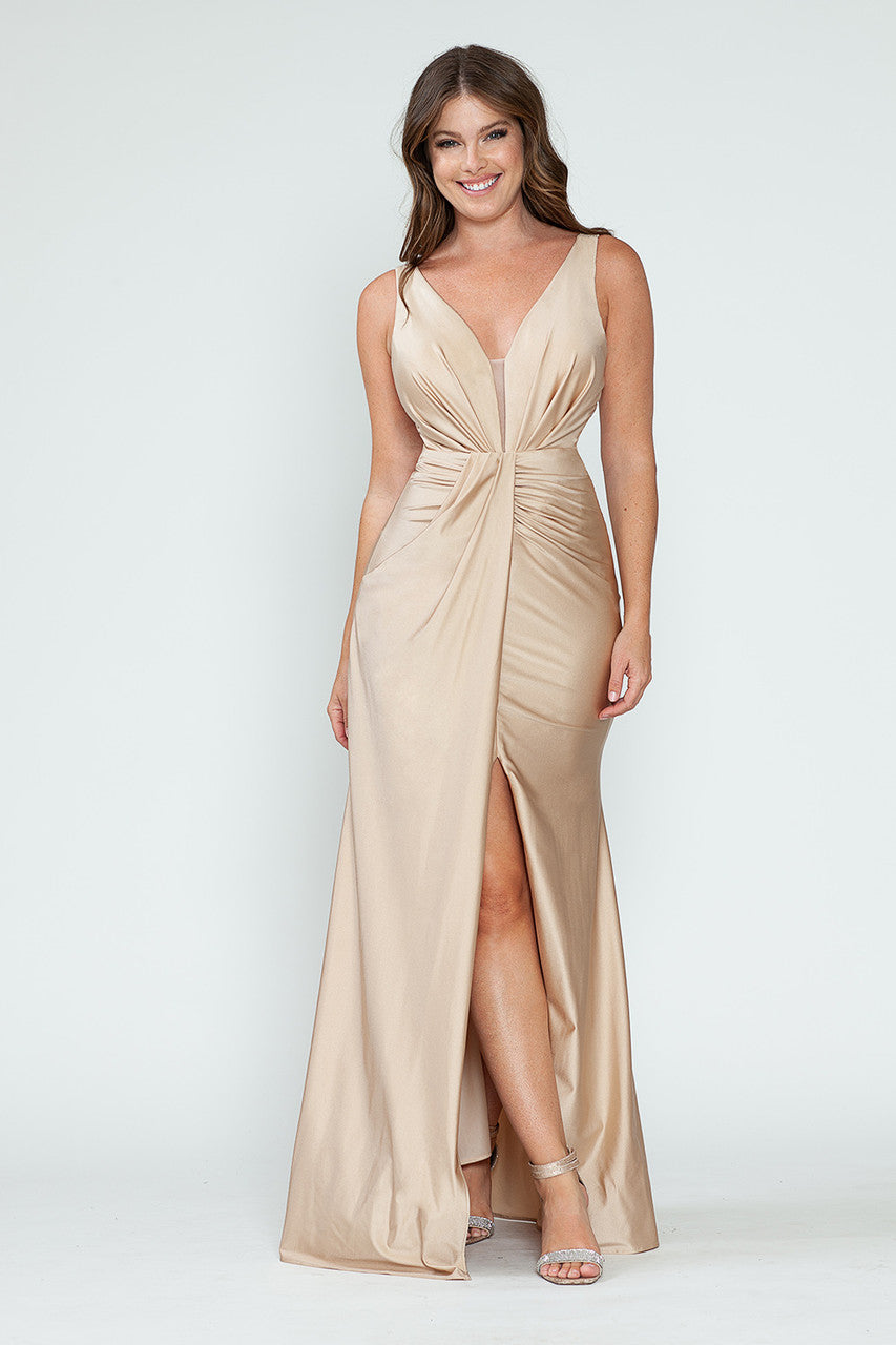 Prom Dresses Long Fitted Pleated Prom Formal Slit Dress Lenovia 5319 Champagne Gold