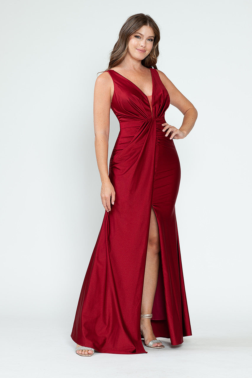 Prom Dresses Long Fitted Pleated Prom Formal Slit Dress Lenovia 5319 Burgundy