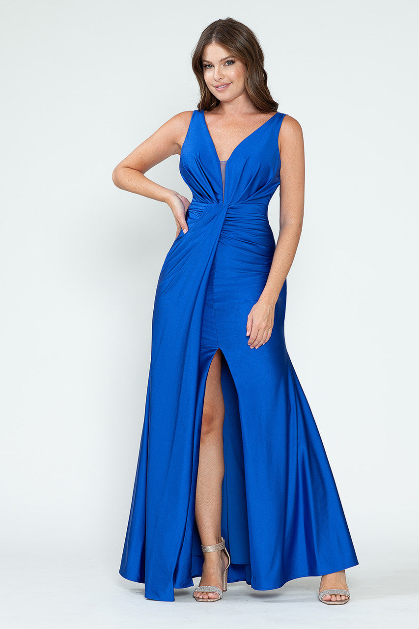 Prom Dresses Long Fitted Pleated Prom Formal Slit Dress Lenovia 5319 Royal Blue