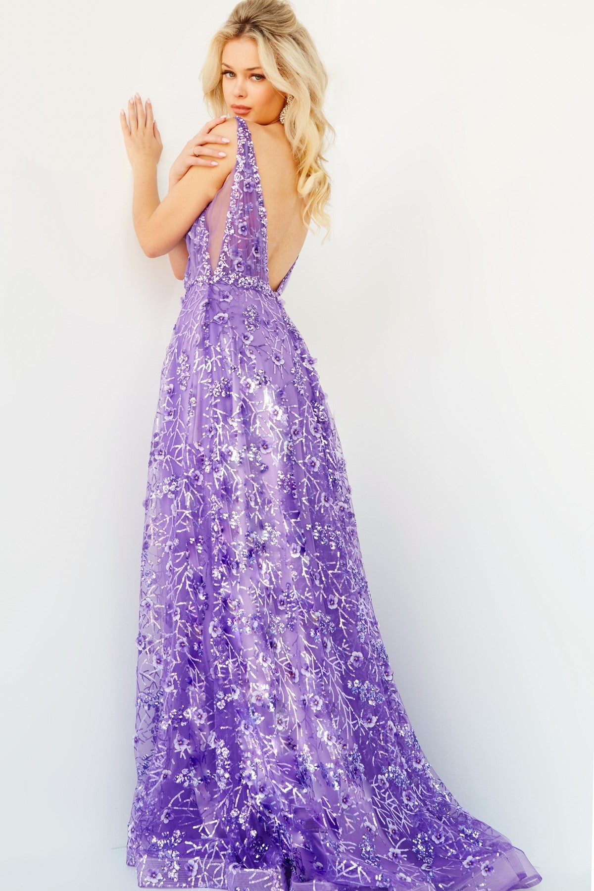Jovani 08422 Long Slit Formal A Line Floral Prom Dress