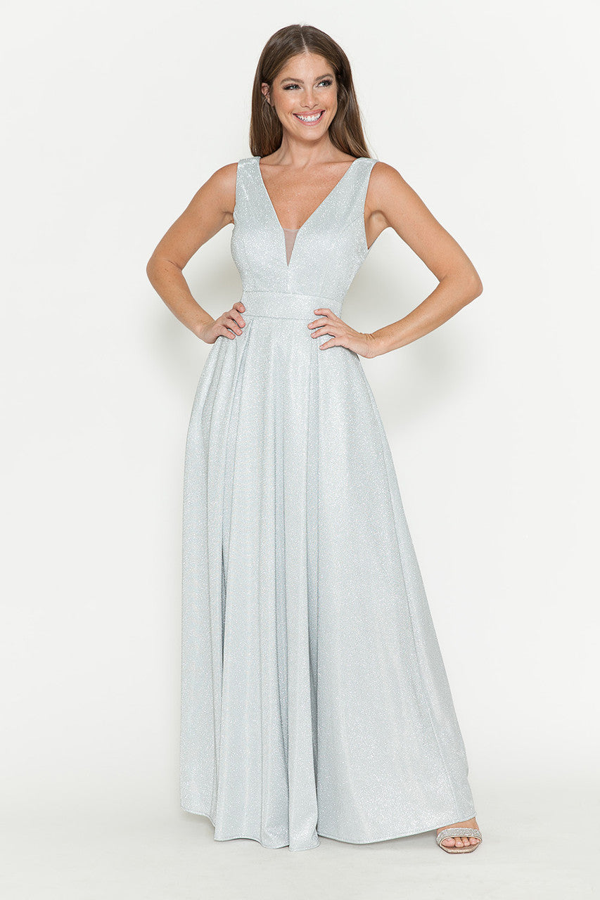 Formal Dresses Pleated Long Metallic Formal Prom Dress Lenovia 5256 Silver