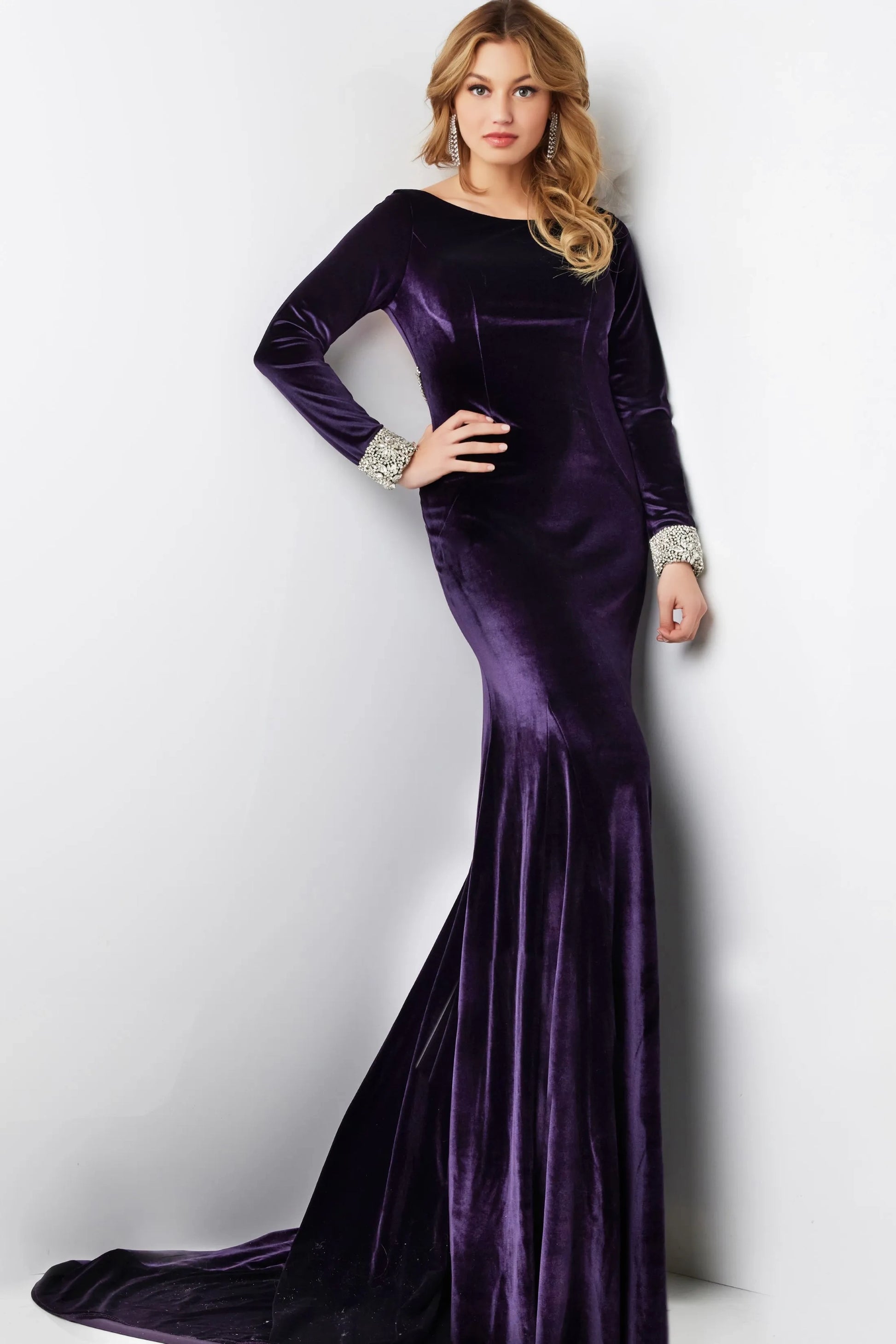 Jovani 09139 Long Sleeve Velvet Formal Dress