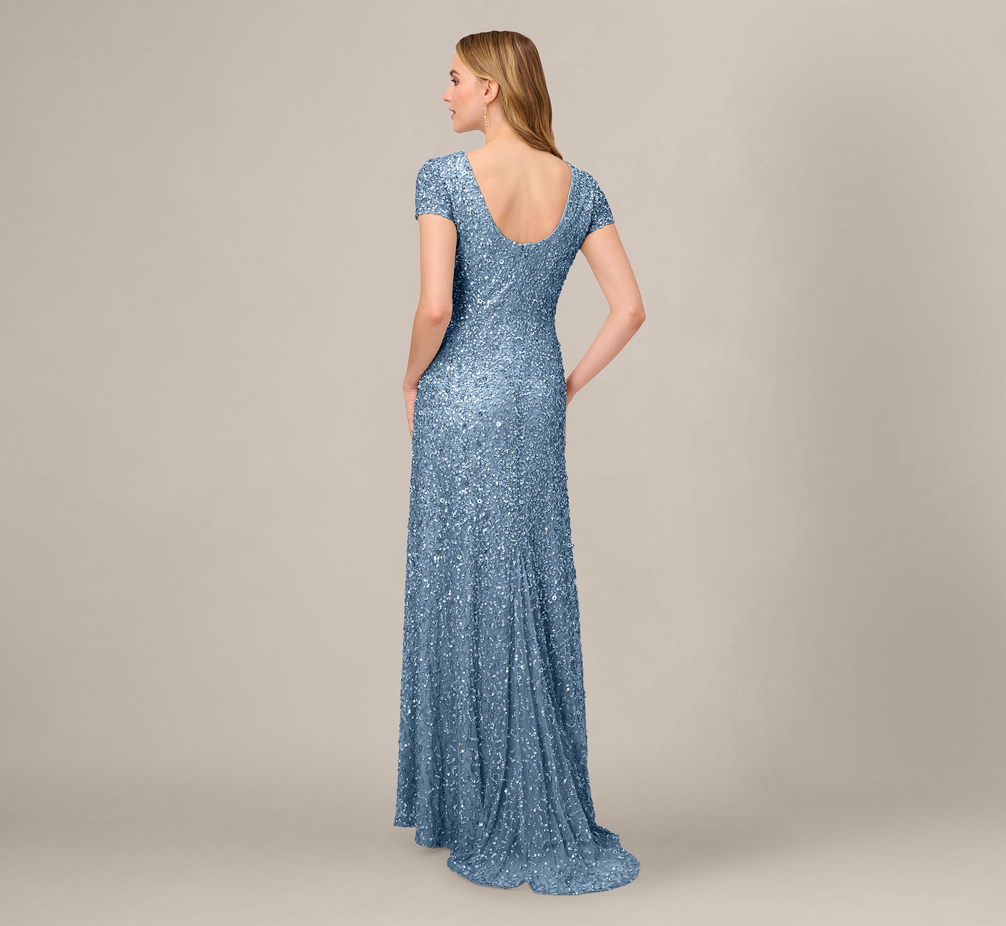 Nile Blue Jewel Neck Floor-Length Sequin Formal Sheath Gown Adrianna Papell 091874600