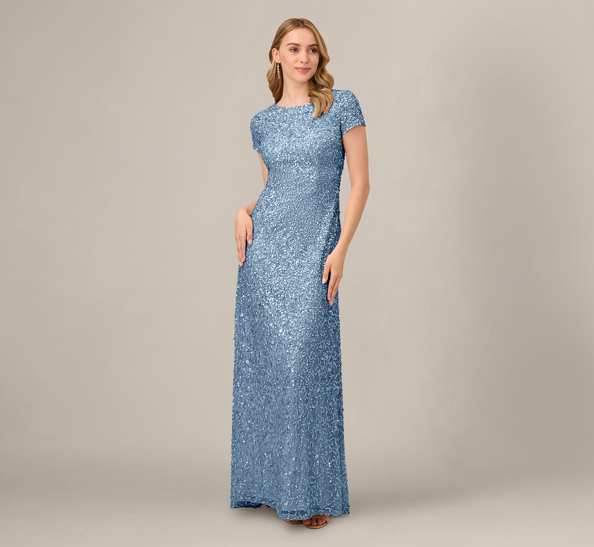 Nile Blue Jewel Neck Floor-Length Sequin Formal Sheath Gown Adrianna Papell 091874600