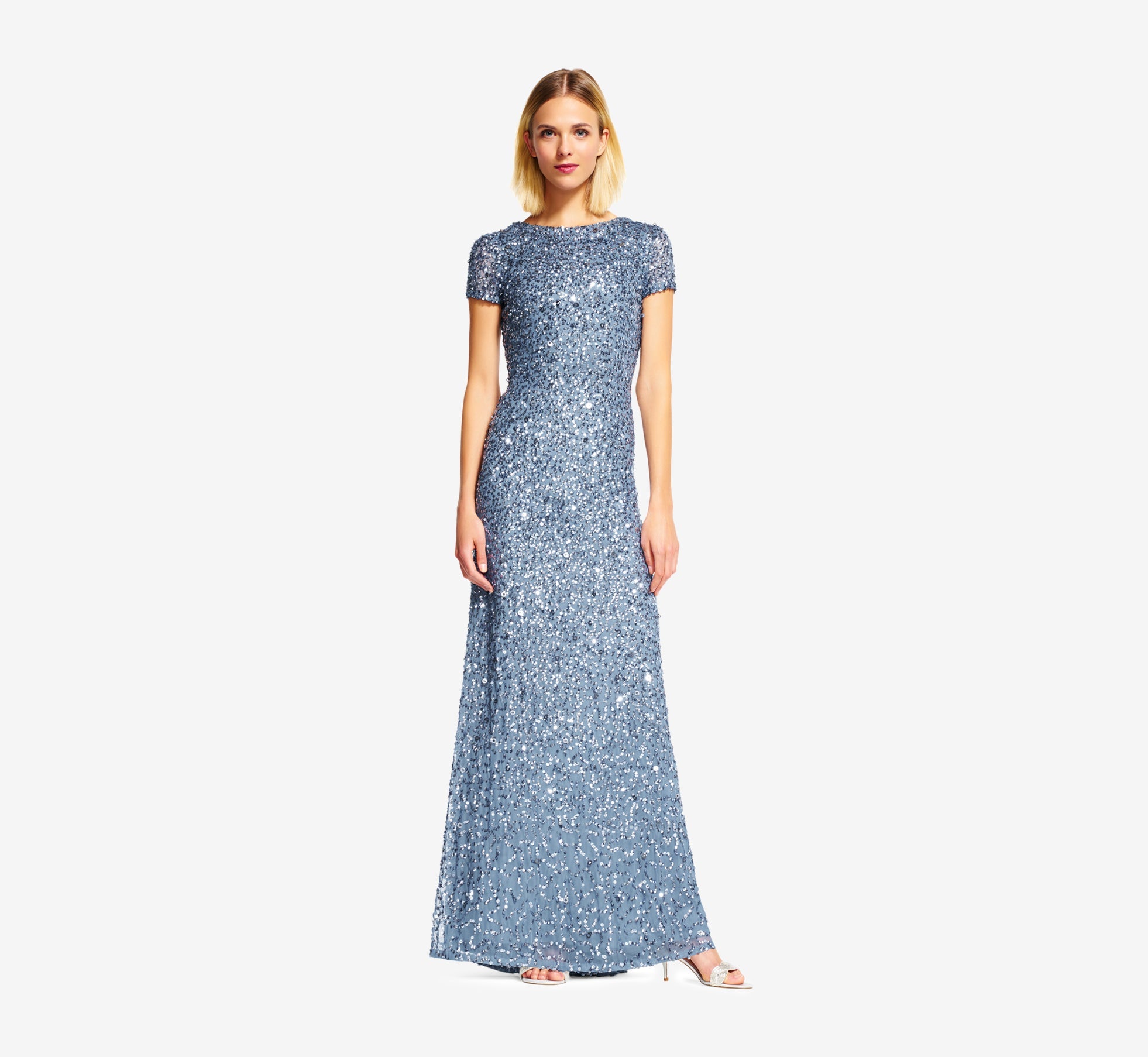 Nile Blue Jewel Neck Floor-Length Sequin Formal Sheath Gown Adrianna Papell 091874600