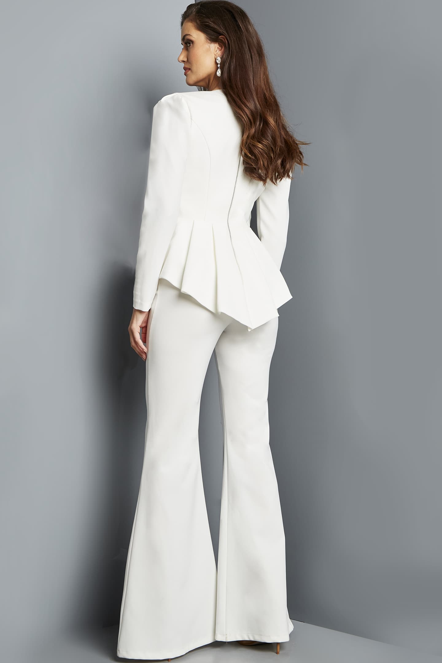 Jovani 09381 Bridal Long Sleeve Pleated Peplum Jumpsuit