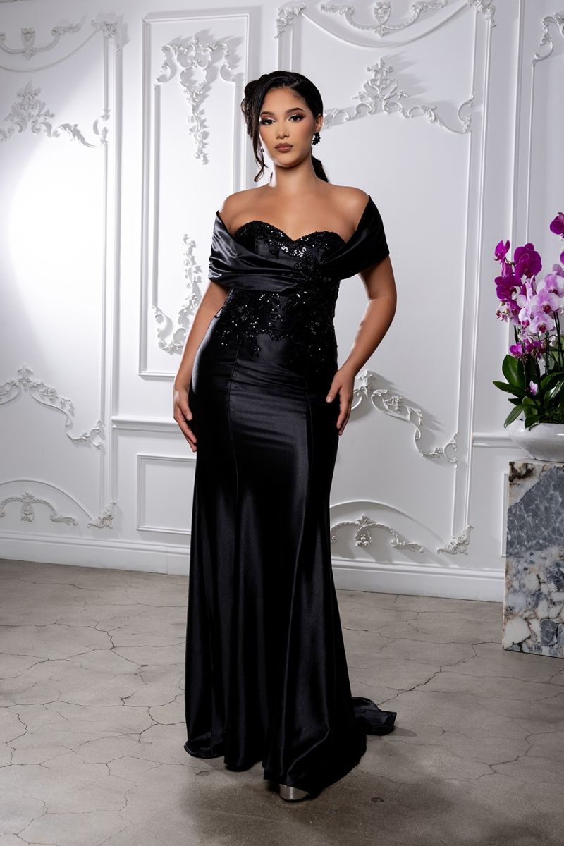 Off-the-Shoulder Floor-Length Satin Formal Dress Sheath May Queen 2174