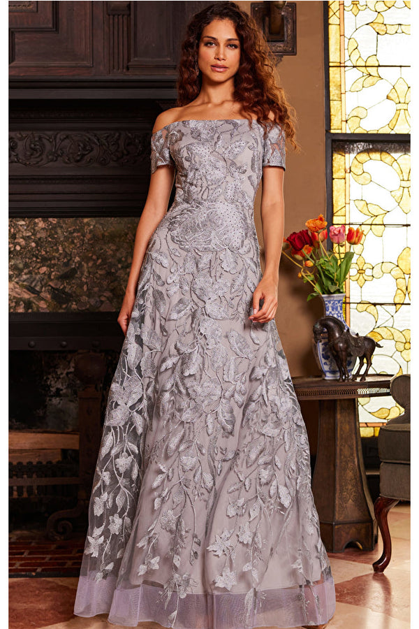 Jovani 09810 Long Metallic Lace Formal Evening Dress