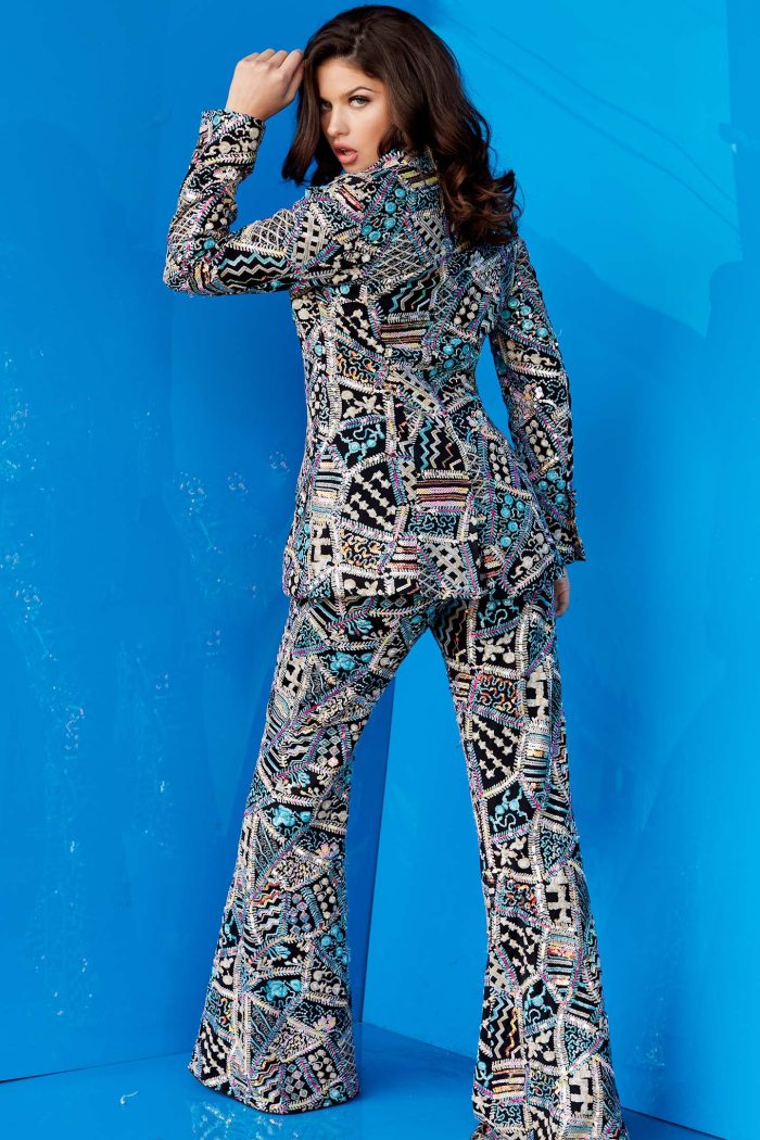 Jovani 09816 Long Beaded Two Piece Printed Pant Suit