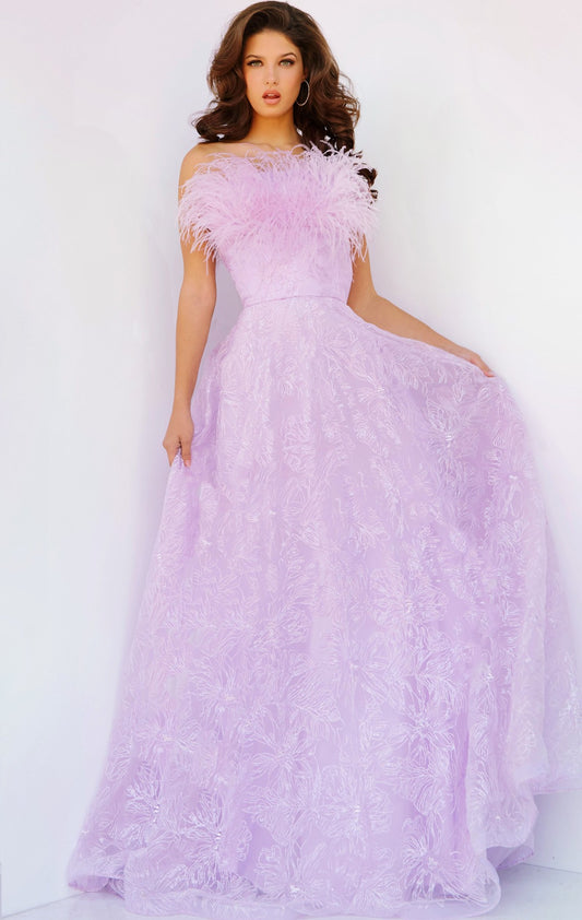 Jovani 09945 Long Formal Feather Lace A Line Prom Dress