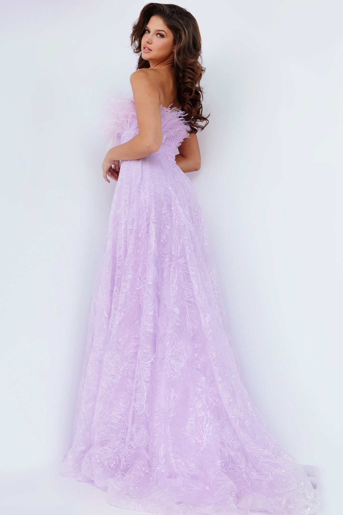 Jovani 09945 Long Formal Feather Lace A Line Prom Dress