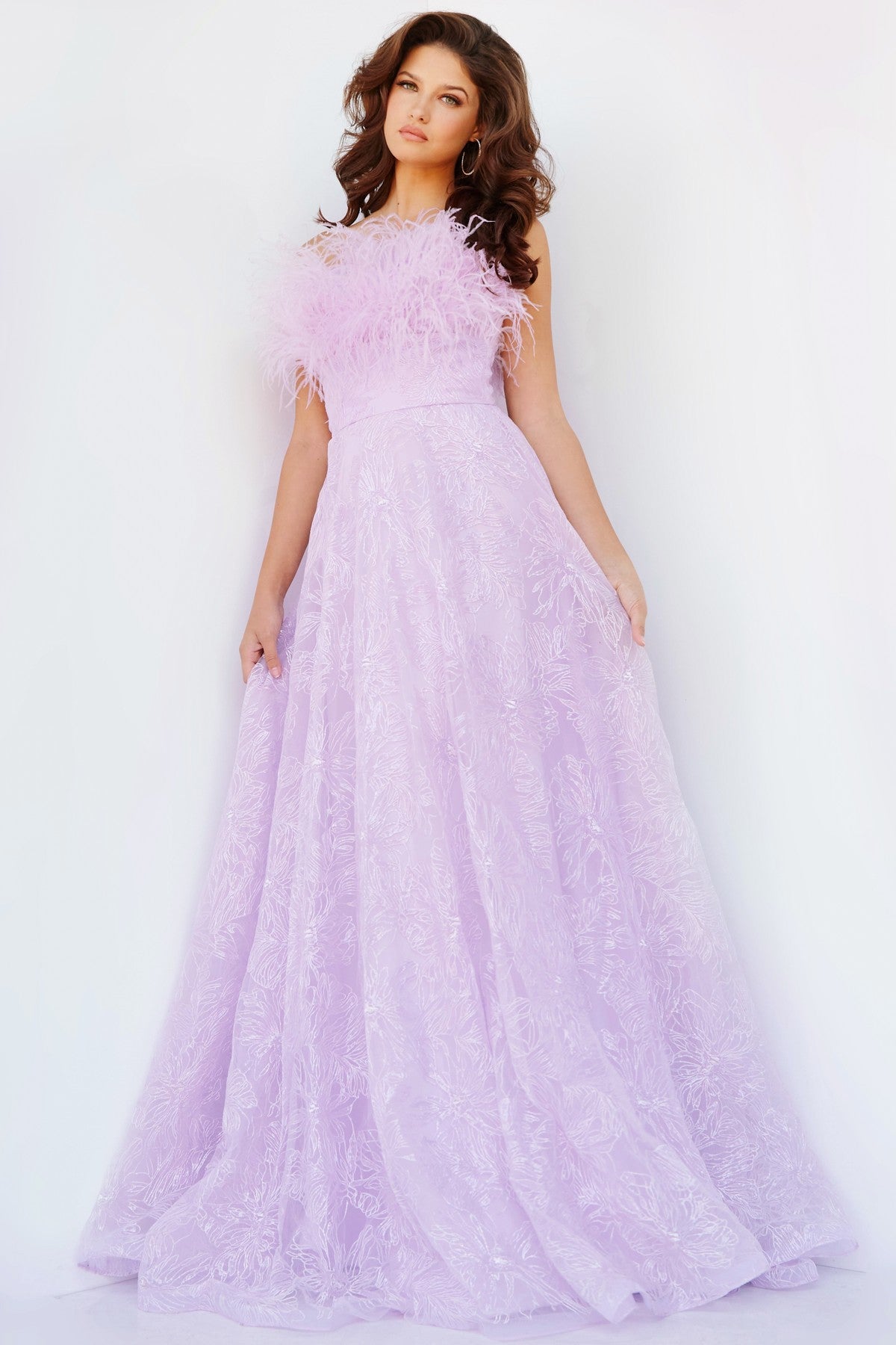 Jovani 09945 Long Formal Feather Lace A Line Prom Dress