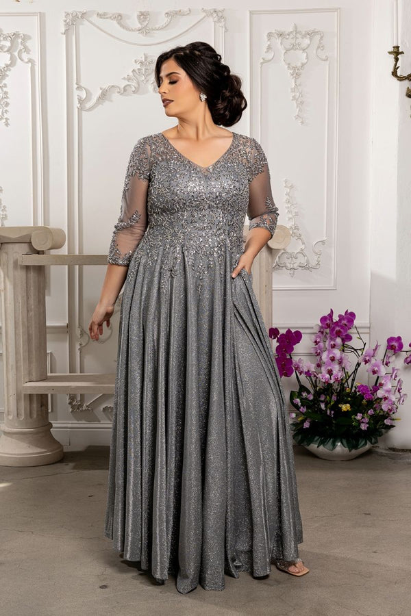 V-Neck Floor-Length Mesh Evening Gown A-Line May Queen MQ2227