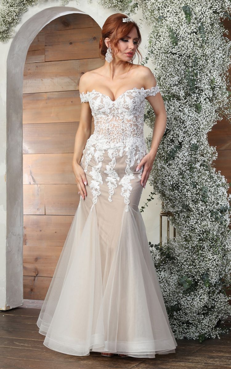 Off-the-Shoulder Floor-Length Tulle Bridal Dress Mermaid May Queen RQ8086
