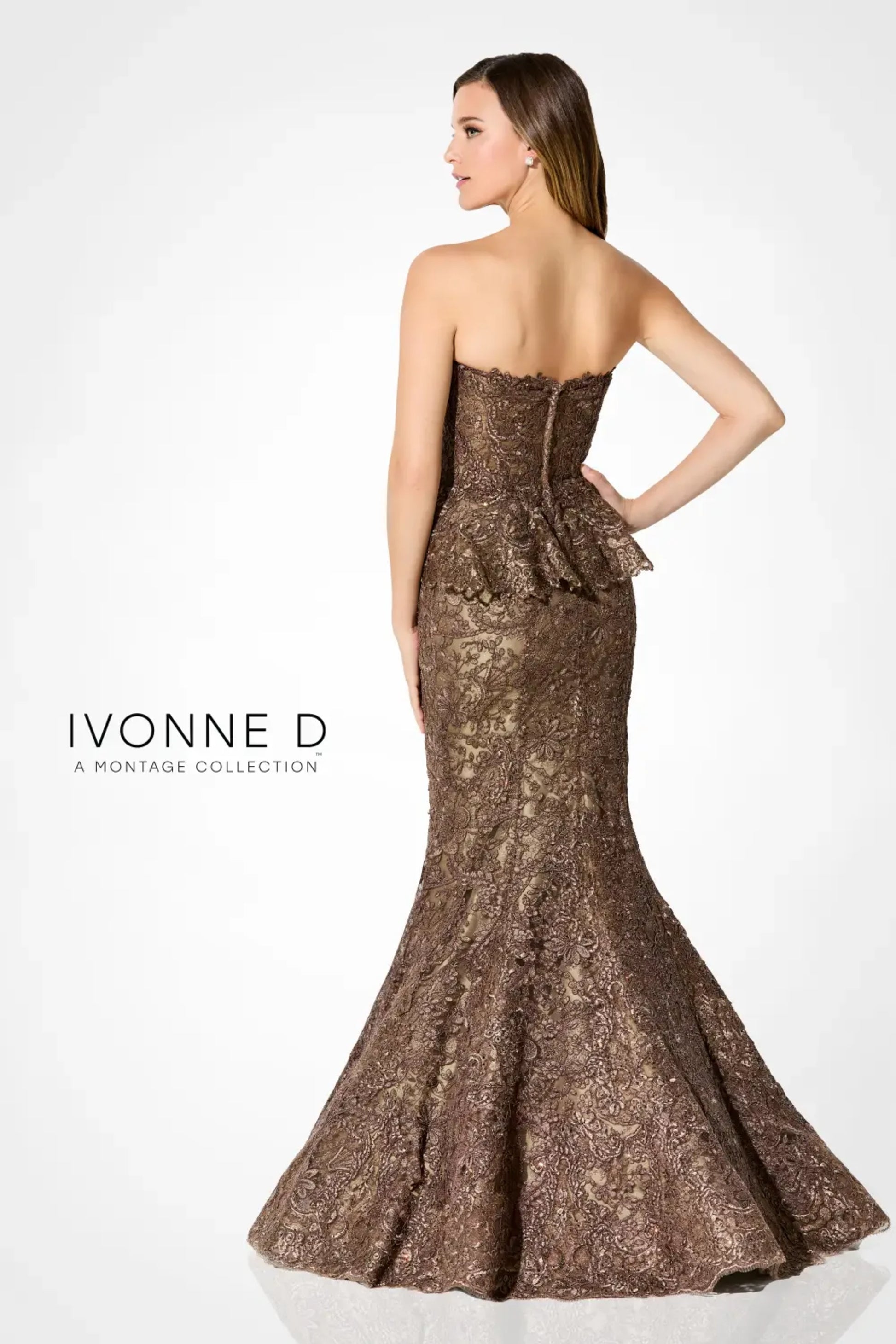 Ivonne D ID921 Metallic Long Mermaid Lace Formal Peplum Dress