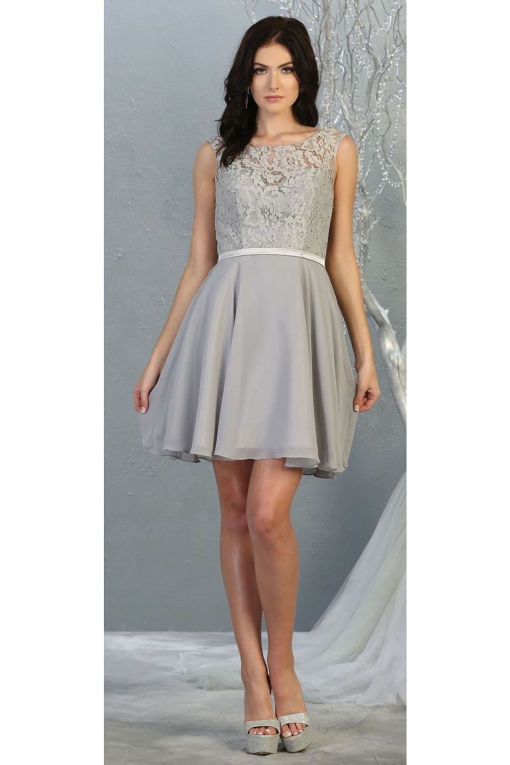 Silver Bateau Short Chiffon Cocktail Dress Lace May Queen MQ1814