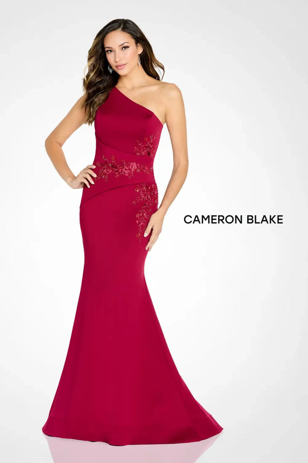 Cameron Blake CB142 Long Beaded Floral Applique Formal Dress