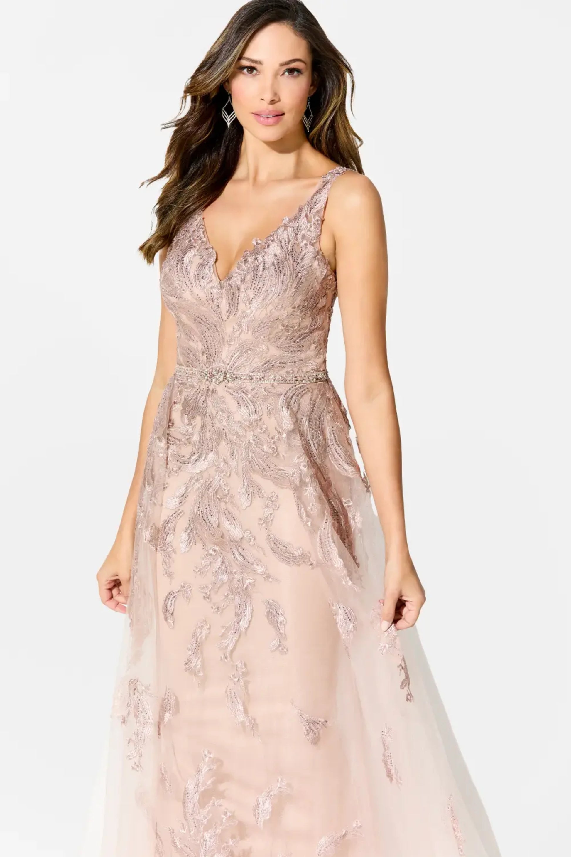Ivonne D ID924 Long A Line Formal Beaded Applique Overskirt Dress