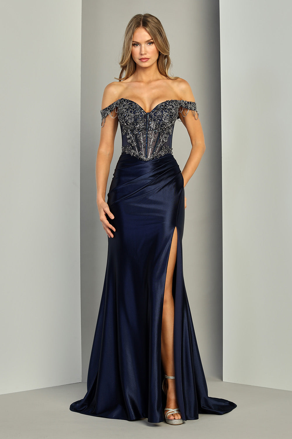 Prom Dresses Long Formal Beaded Corset Prom Dress Adora Design 3370 Navy