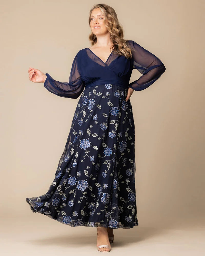 Plus Size Dresses Long Sleeves Floral Long Formal Plus Size Dress  Navy Blue Blooms