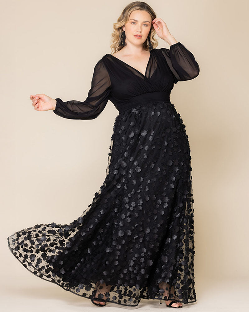 Plus Size Dresses 3D Floral A Line Long Formal Plus Size Dress Onyx Blossoms
