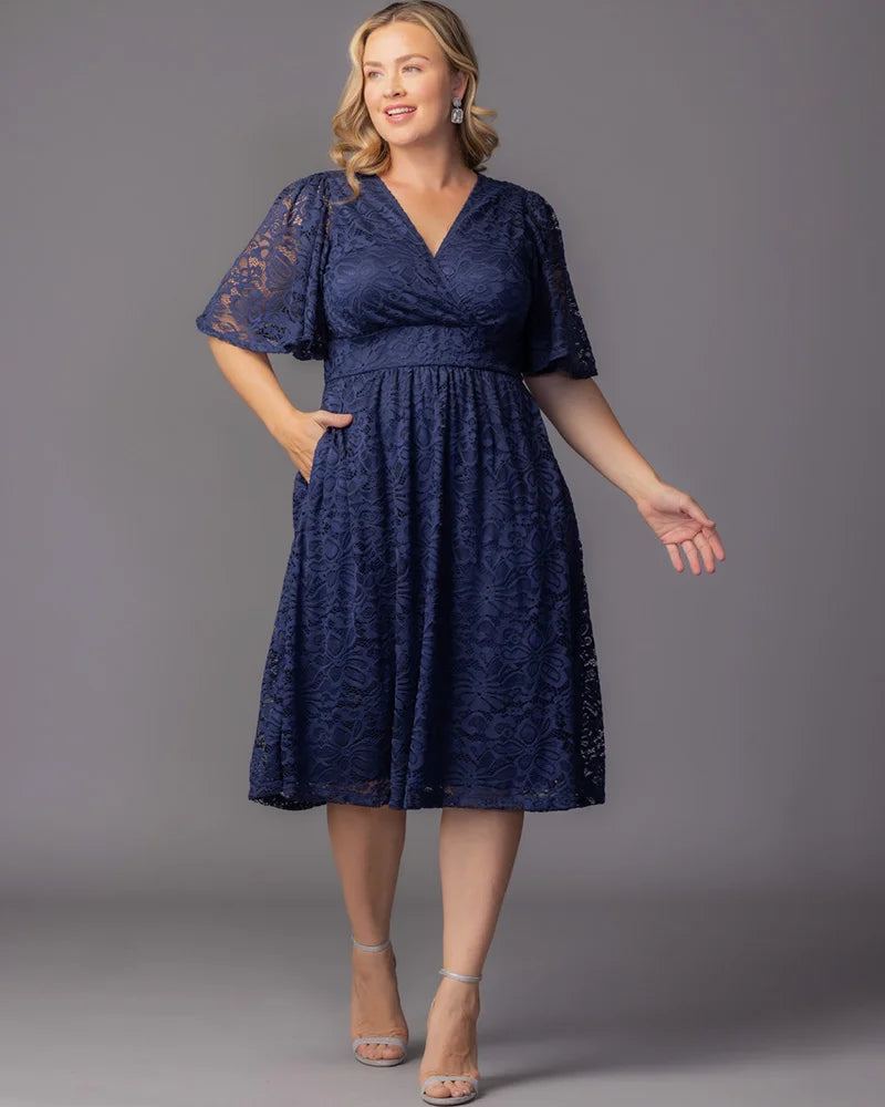 V-Neck Knee-Length Lace Formal A-Line Kiyonna 11260909