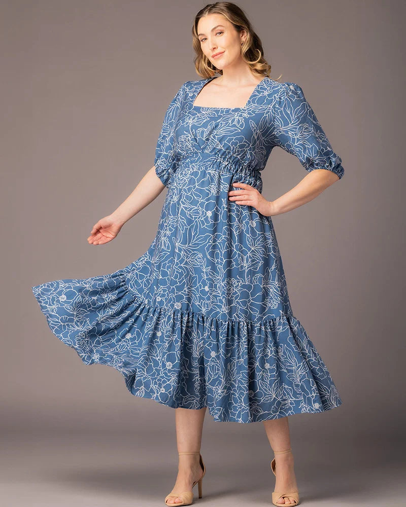 Square Neck Midi Crepe Wedding Guest A-Line Dress Kiyonna KY11262902