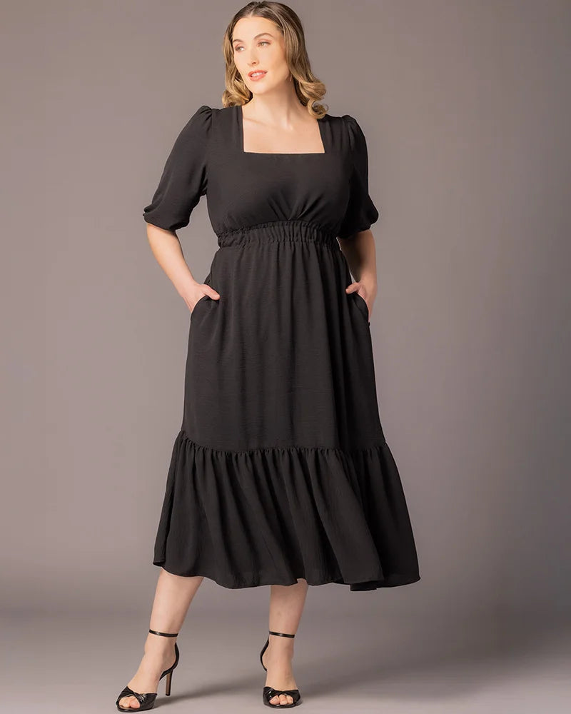 Square Neck Midi Crepe Wedding Guest A-Line Dress Kiyonna KY11262902