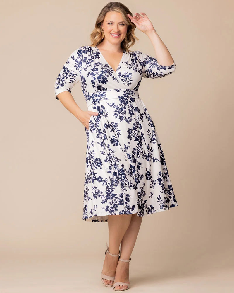 Ivory Florals V-Neck Knee-Length Floral Casual Dress Plus Size A-Line Dress with Pockets Kiyonna 12183501