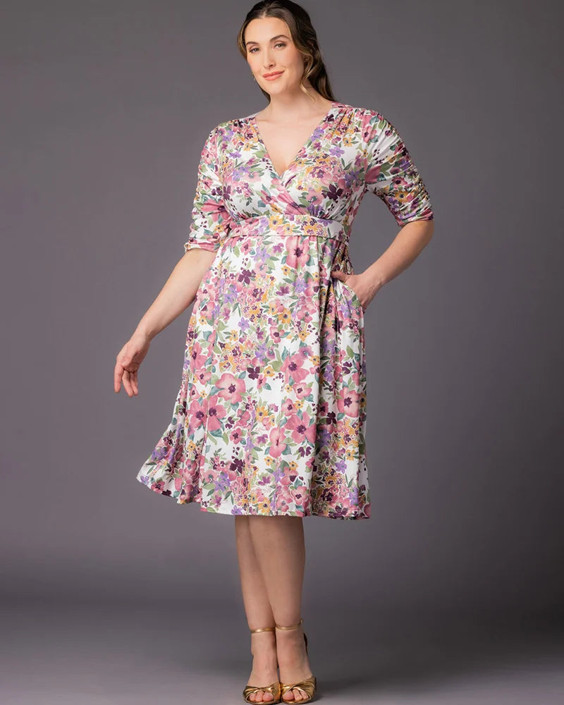 Mauve Watercolor Bouquet V-Neck Knee-Length Floral Casual Dress Plus Size A-Line Dress with Pockets Kiyonna 12183501