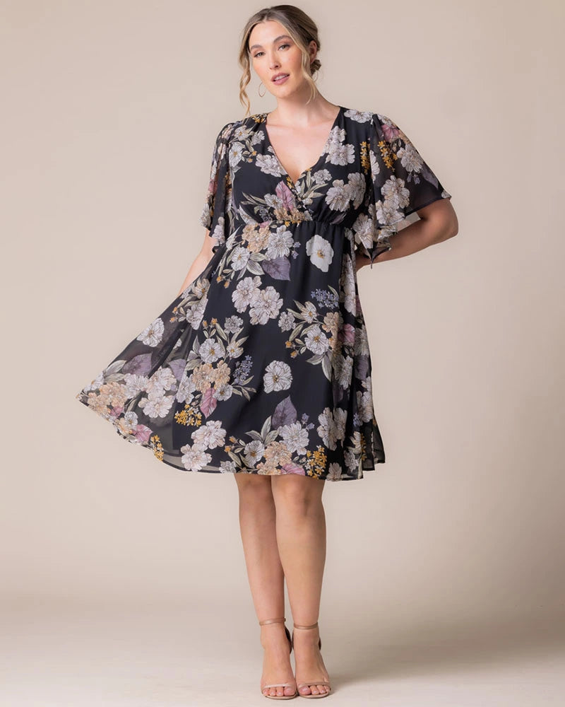 Midnight Peony Print V-Neck Knee-Length Chiffon Casual Floral Wrap Plus Size Dress Kiyonna 12191302