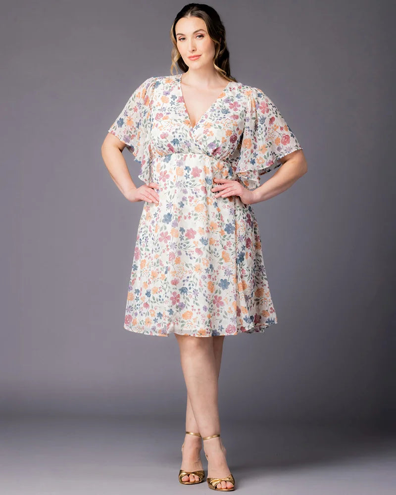 Pale Blossoms V-Neck Knee-Length Chiffon Casual Floral Wrap Plus Size Dress Kiyonna 12191302