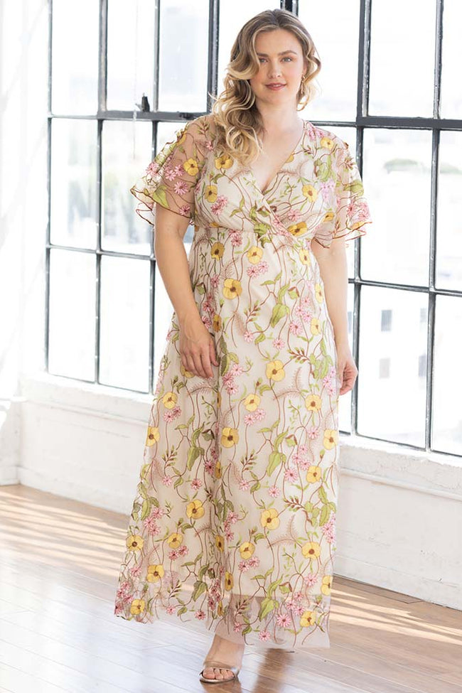 slim fit dress slacks Kiyonna 12192101 Long Formal Printed Plus Size Dress