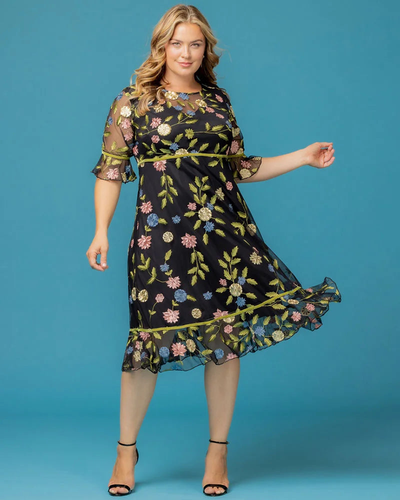Plus Size Dresses Short Cocktail Floral A line Plus Size Dress Kiyona 12192102 Black Blossom Print