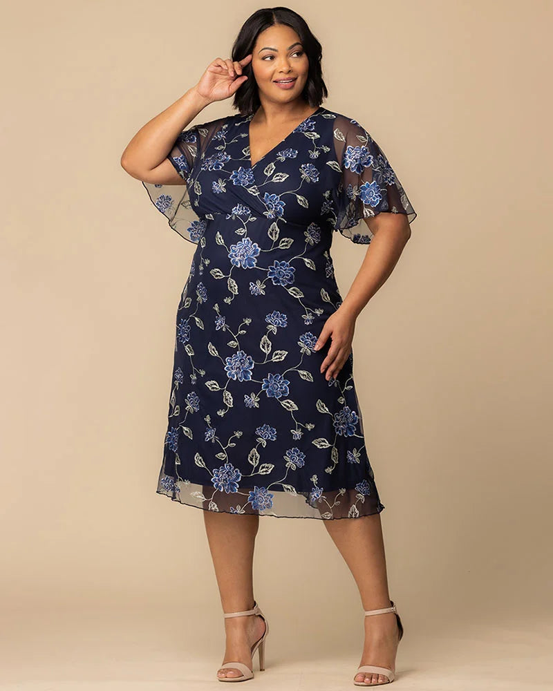 Plus Size Dresses Short Floral Midi Cocktail Plus Size Dress Kiyonna 12252103 Navy Blue Blooms