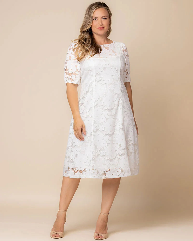 White Crew Neck Knee-Length Lace Casual Dress Plus Size A-Line Dress Kiyonna 12260902