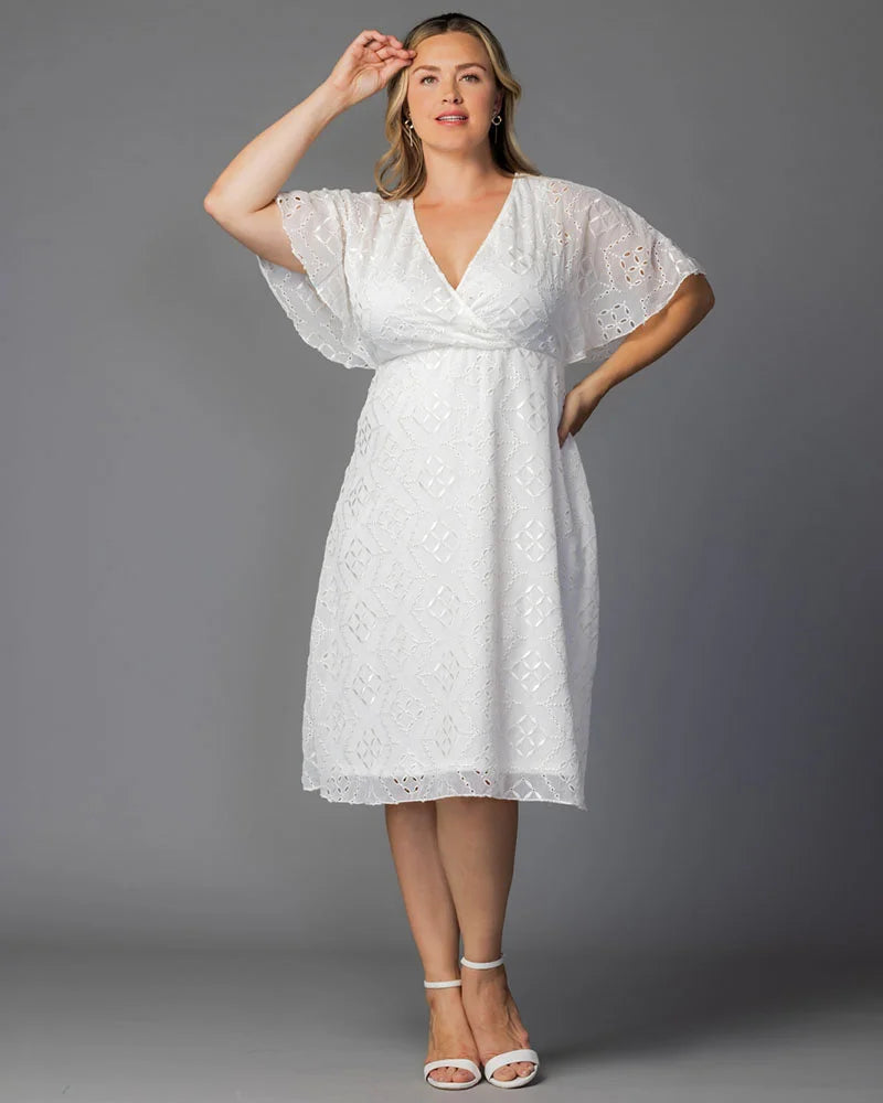Ivory Eyelet V-Neck Knee-Length Eyelet Casual Dress Flutter Sleeve Plus Size Dress Kiyonna 12262105