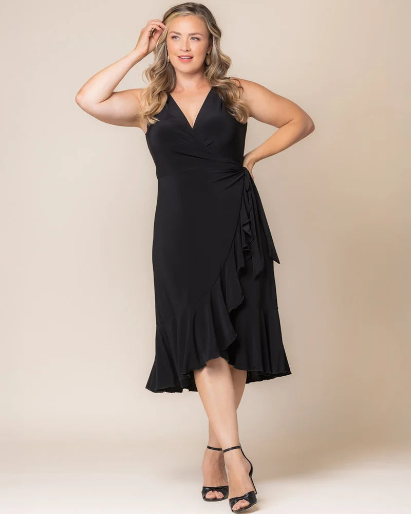 Black Noir V-Neck Midi Jersey Cocktail Dress Ruffle Wrap Plus Size Dress Kiyonna 12262204