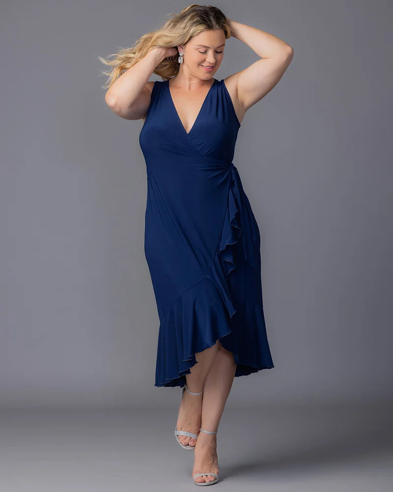 Nouveau Navy V-Neck Midi Jersey Cocktail Dress Ruffle Wrap Plus Size Dress Kiyonna 12262204