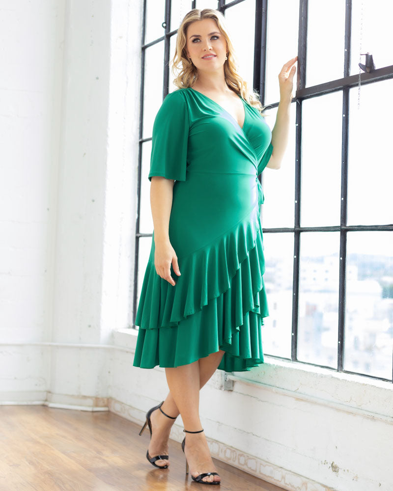 Plus Size Dresses Midi Ruffle Short Cocktail Plus Size Dress Kiyona 13212202 Emerald Green