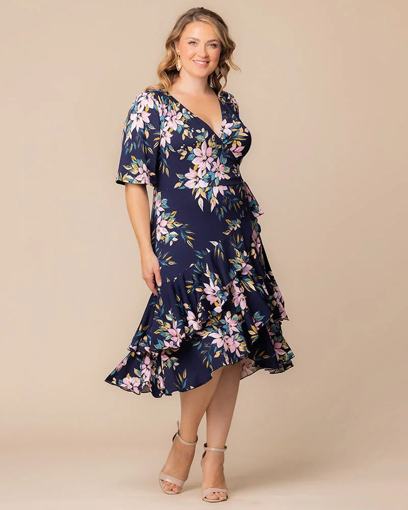 Plus Size Dresses Midi Ruffle Short Cocktail Plus Size Dress Kiyona 13212202 Navy Romantic Florals