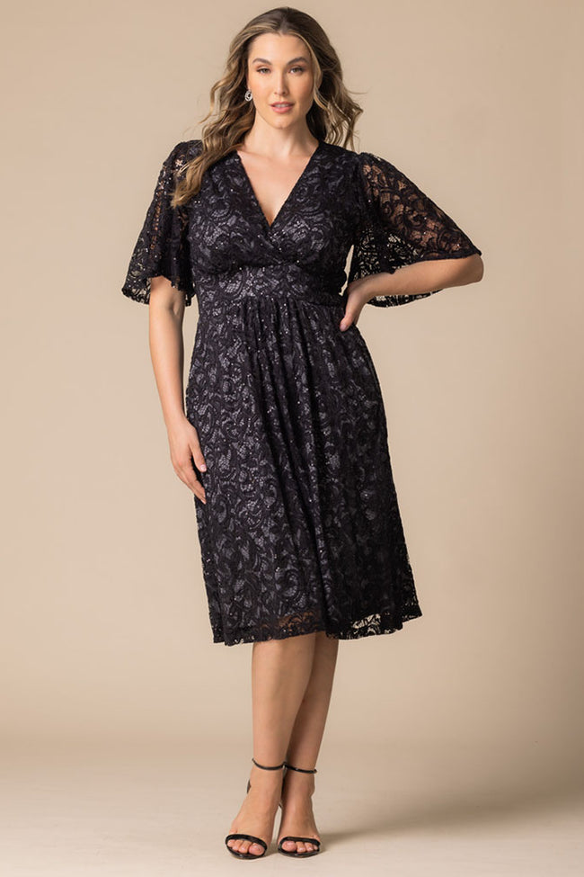 Kiyonna 13230905 A Line Plus Size Lace Short Cocktail Dress - Storm Grey / 3X Kiyonna 13230905 A Line Plus Size Lace Short Cocktail Dress - Storm Grey / 3X