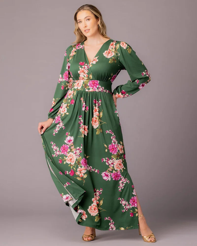 Plus Size Dresses Long Sleeve Tea Length Short Cocktail Dress Green Floral Print