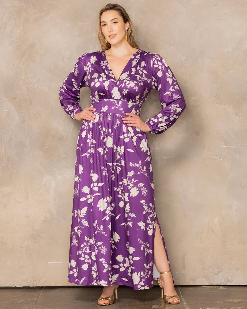 Plus Size Dresses Long Sleeve Tea Length Short Cocktail Dress Purple Blooms